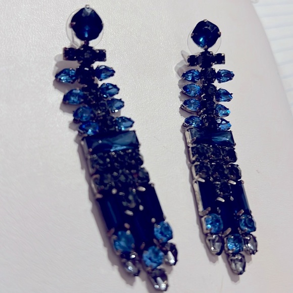 3” long blue and green rhinestone dangle pierced earrings - Picture 5 of 6